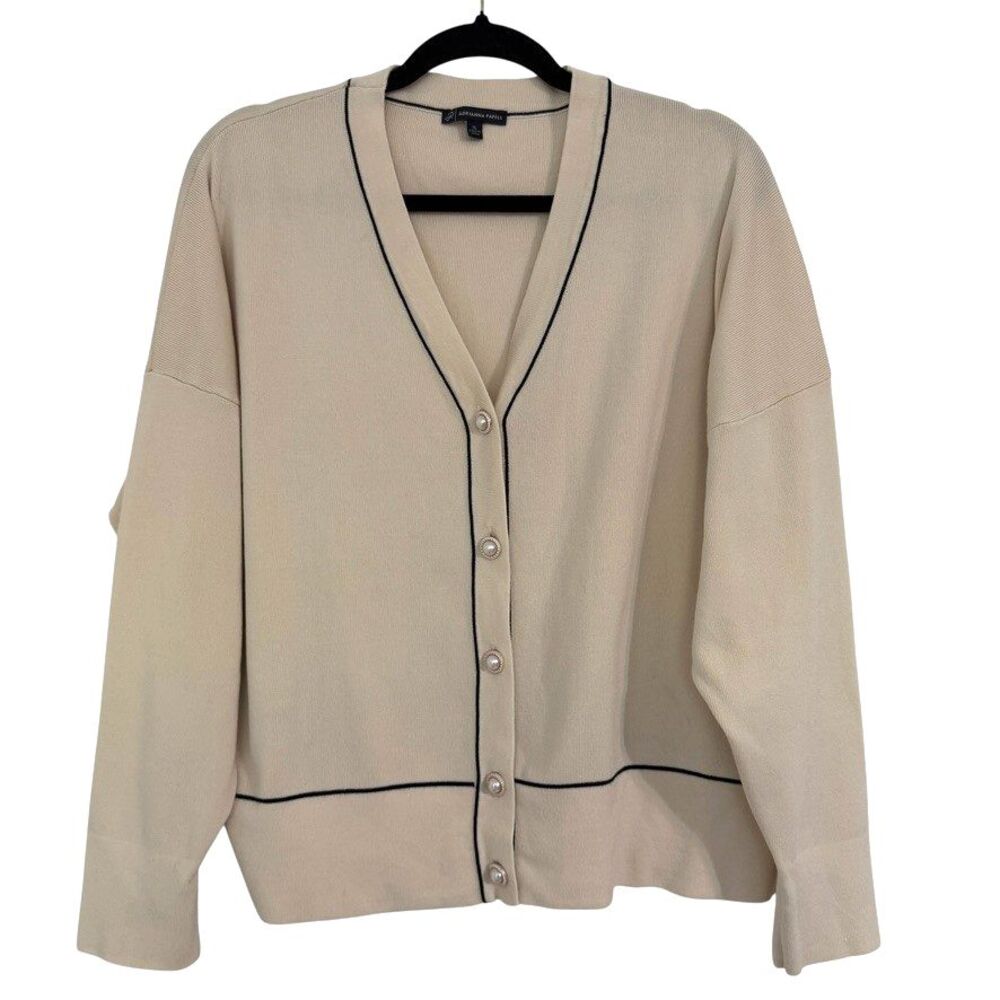 Adriana Papell Women’s XL Ivory Black Tipped Pearl Button Front Cardigan Sweater